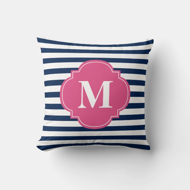 Monogram Navy Blue en Fuchsia Stripes Kussen (Voorkant)