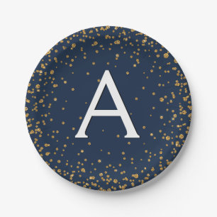 Monogram Navy Blue en Gold Confetti Birthday Papieren Bordje
