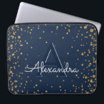 Monogram Navy Blue en Gold Confetti Laptop Sleeve<br><div class="desc">Navy Blue en Gold Confetti Elegant Monogram Hoesje. Dit hoesje kan worden aangepast om uw initiaal en voornaam te omvatten.</div>