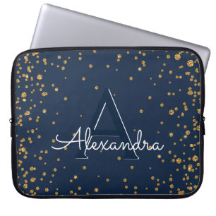 Monogram Navy Blue en Gold Confetti Laptop Sleeve