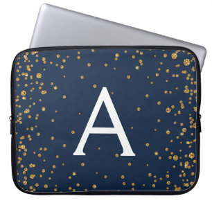 Monogram Navy Blue en Gold Confetti Laptop Sleeve