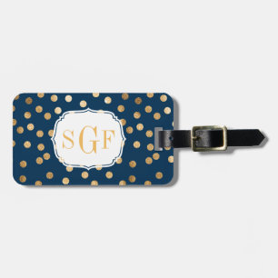 Monogram Navy Blue en Gold Glitter City Stippen Bagagelabel