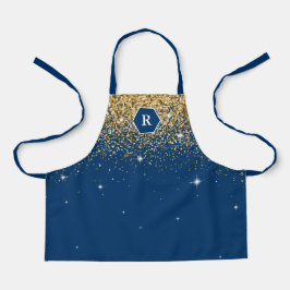 Monogram Navy Blue en Gold Glitter Modern Hexagon Schort