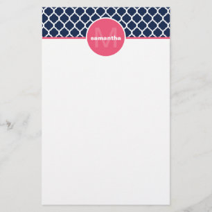 Monogram Navy Blue en Hot Pink Quatrefoil Briefpapier