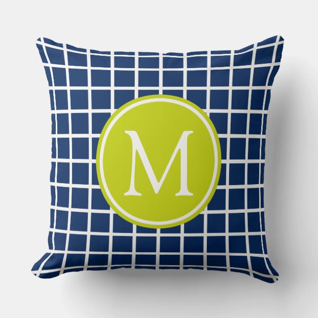 Monogram Navy Blue en Lime Green Lattice Kussen (Voorkant)