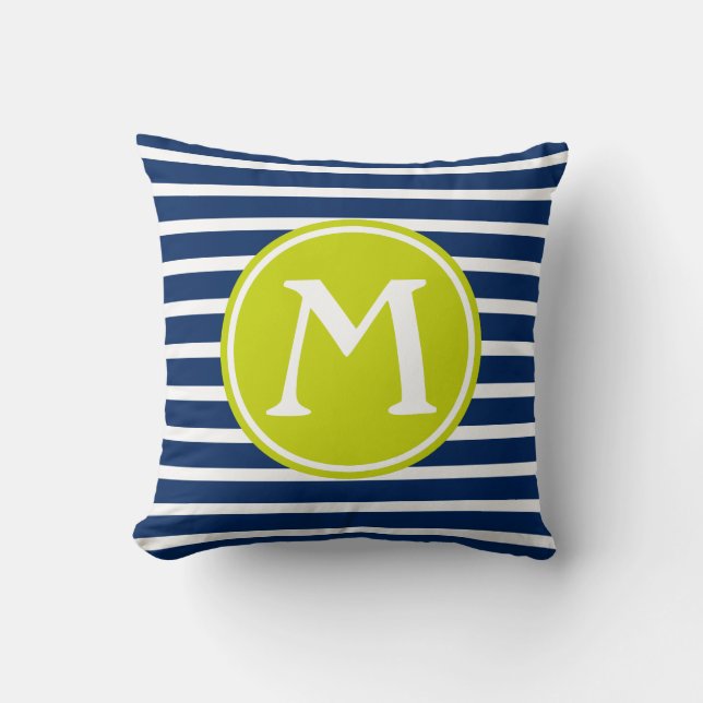 Monogram Navy Blue en Lime Green Stripe Kussen (Voorkant)