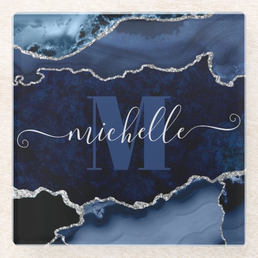 Monogram Navy Blue en Silver Glitter Marble Agate Glazen Onderzetter (Voorkant)