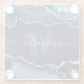 Monogram Navy Blue en Silver Glitter Marble Agate Glazen Onderzetter (Achterkant)