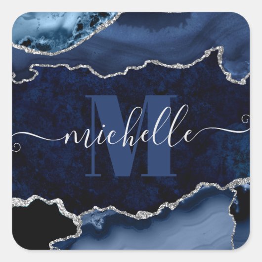 Monogram Navy Blue en Silver Glitter Marble Agate Vierkante Sticker (Voorkant)