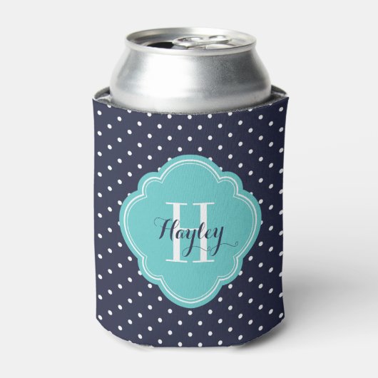 Monogram Navy Blue en Turquoise Polka Dots Blikjeskoeler (Blikje Voorkant)