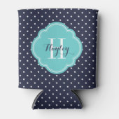 Monogram Navy Blue en Turquoise Polka Dots Blikjeskoeler (Voorkant)