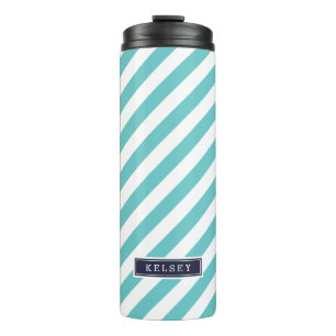 Monogram Navy Blue en Turquoise Preppy Stripes Thermosbeker