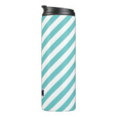 Monogram Navy Blue en Turquoise Preppy Stripes Thermosbeker (Geroteerd rechts)