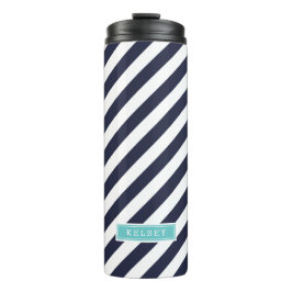 Monogram Navy Blue en Turquoise Preppy Stripes Thermosbeker