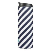 Monogram Navy Blue en Turquoise Preppy Stripes Thermosbeker (Geroteerd rechts)