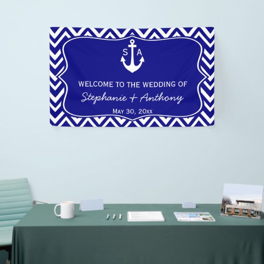 Monogram Navy Blue en White Nautical Wedding Spandoek (Beurs)