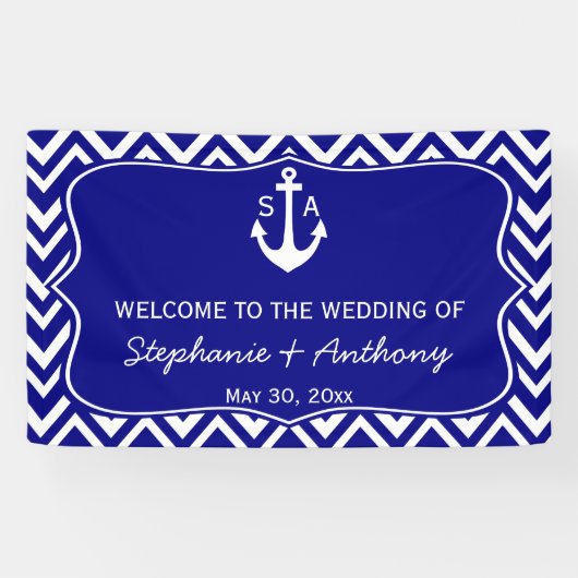 Monogram Navy Blue en White Nautical Wedding Spandoek (Horizontaal)