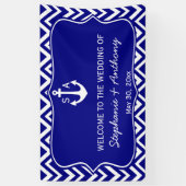 Monogram Navy Blue en White Nautical Wedding Spandoek (Verticaal)