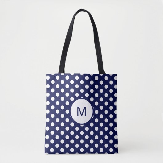Monogram Navy Blue en White Polka Dot Pattern Tote Bag (Voorkant)