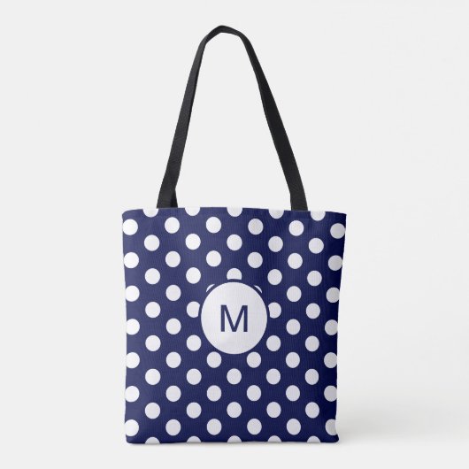 Monogram Navy Blue en White Polka Dot Pattern Tote Bag (Achterkant)