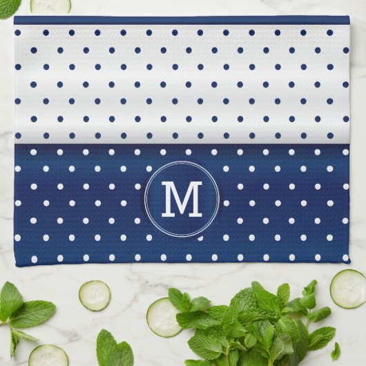 Monogram Navy Blue en White Polka Dot Theedoek (Gevouwen)