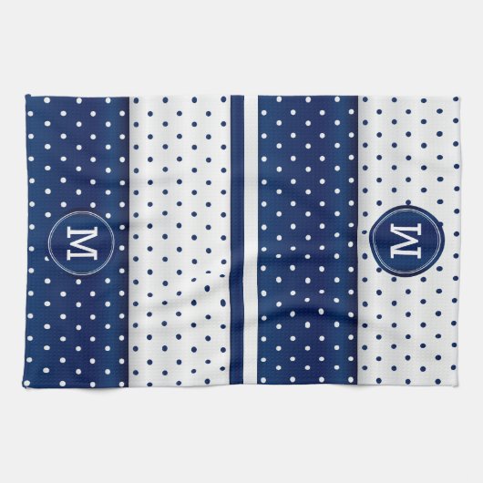 Monogram Navy Blue en White Polka Dot Theedoek (Horizontaal)