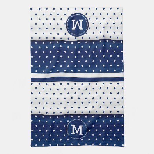 Monogram Navy Blue en White Polka Dot Theedoek (Verticaal)