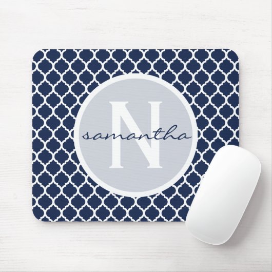 Monogram Navy Blue en White Quatrefoil Muismat (Met muis)