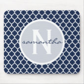 Monogram Navy Blue en White Quatrefoil Muismat (Voorkant)