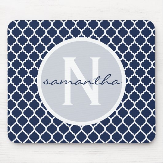 Monogram Navy Blue en White Quatrefoil Muismat (Voorkant)