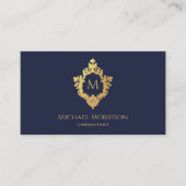 Monogram Navy Blue Faux Gold Crest  Elegant Visitekaartje (Voorkant)