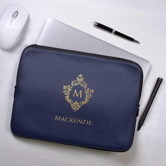 Monogram Navy Blue Faux Gold  Crest Initiaal Laptop Sleeve (Creator heeft geüpload)