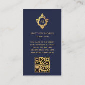 Monogram Navy Blue  Faux Gold Crest QR-code Visitekaartje (Achterkant)