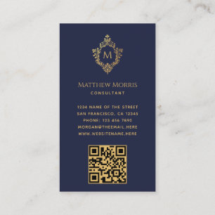 Monogram Navy Blue  Faux Gold Crest QR-code Visitekaartje