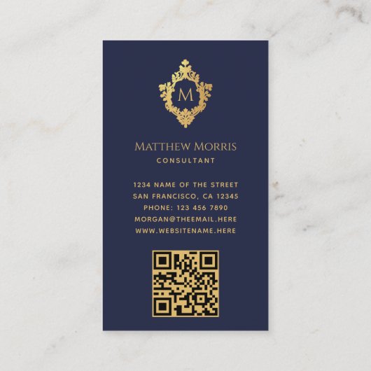 Monogram Navy Blue Faux Gold Crest QR-code Visitekaartje (Achterkant)