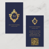 Monogram Navy Blue Faux Gold Crest QR-code Visitekaartje (Voorkant / Achterkant)