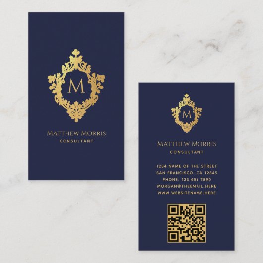 Monogram Navy Blue  Faux Gold Crest QR-code Visitekaartje (Voorkant / Achterkant)