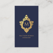 Monogram Navy Blue Faux Gold Crest QR-code Visitekaartje (Voorkant)