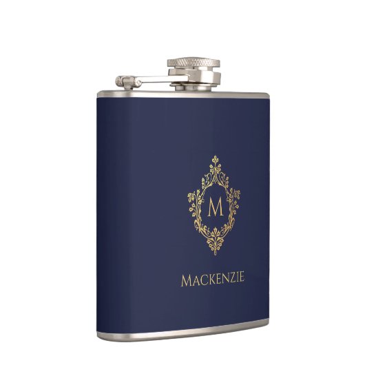 Monogram Navy Blue Faux Gold Elegant Crest Heupfles (Rechts)