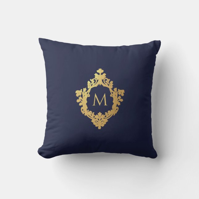 Monogram Navy Blue Faux Gold Elegant  Crest Kussen (Voorkant)