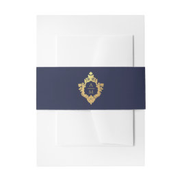 Monogram Navy Blue Faux Gold Elegant  Crest Uitnodigingen Wikkel