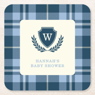 Monogram Navy Blue Geruite Baby Shower Feest Kartonnen Onderzetters
