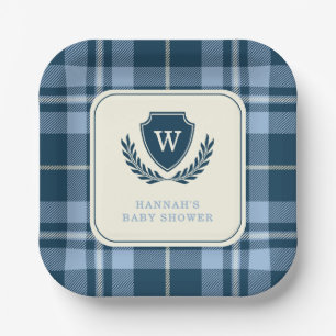 Monogram Navy Blue Geruite Baby Shower voor Jongen Papieren Bordje