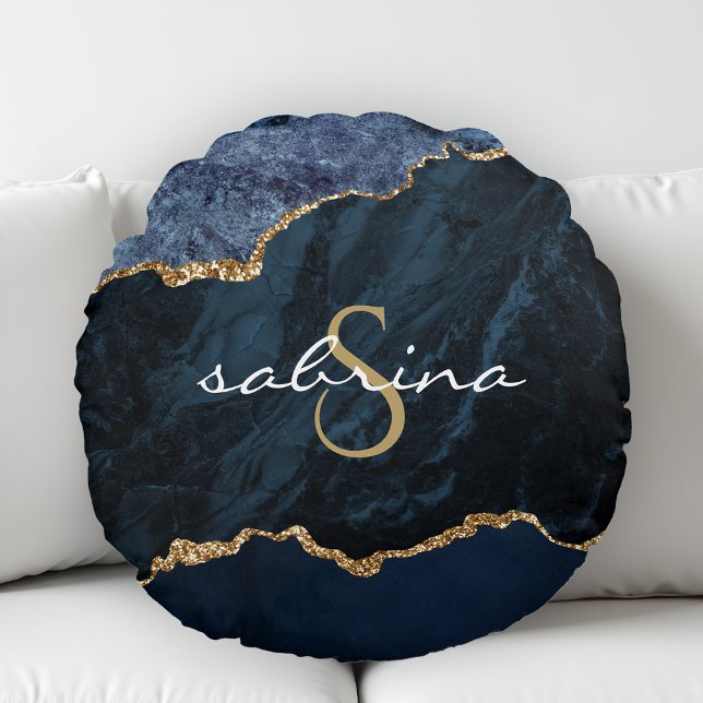 Monogram Navy Blue Gold Agate Geode Rond Kussen (Creator heeft geüpload)