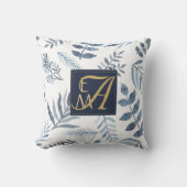 Monogram Navy Blue Gold Botanical Leaves Ferns Kussen (Voorkant)