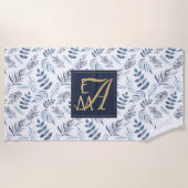 Monogram Navy Blue Gold Botanical Leaves Ferns Strandlaken (Voorkant)