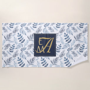 Monogram Navy Blue Gold Botanical Leaves Ferns Strandlaken