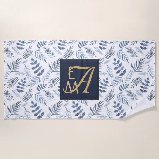 Monogram Navy Blue Gold Botanical Leaves Ferns Strandlaken (Voorkant)