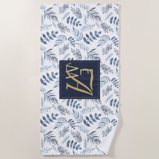 Monogram Navy Blue Gold Botanical Leaves Ferns Strandlaken (Voorkant)