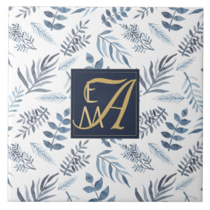 Monogram Navy Blue Gold Botanical Leaves Ferns Tegeltje